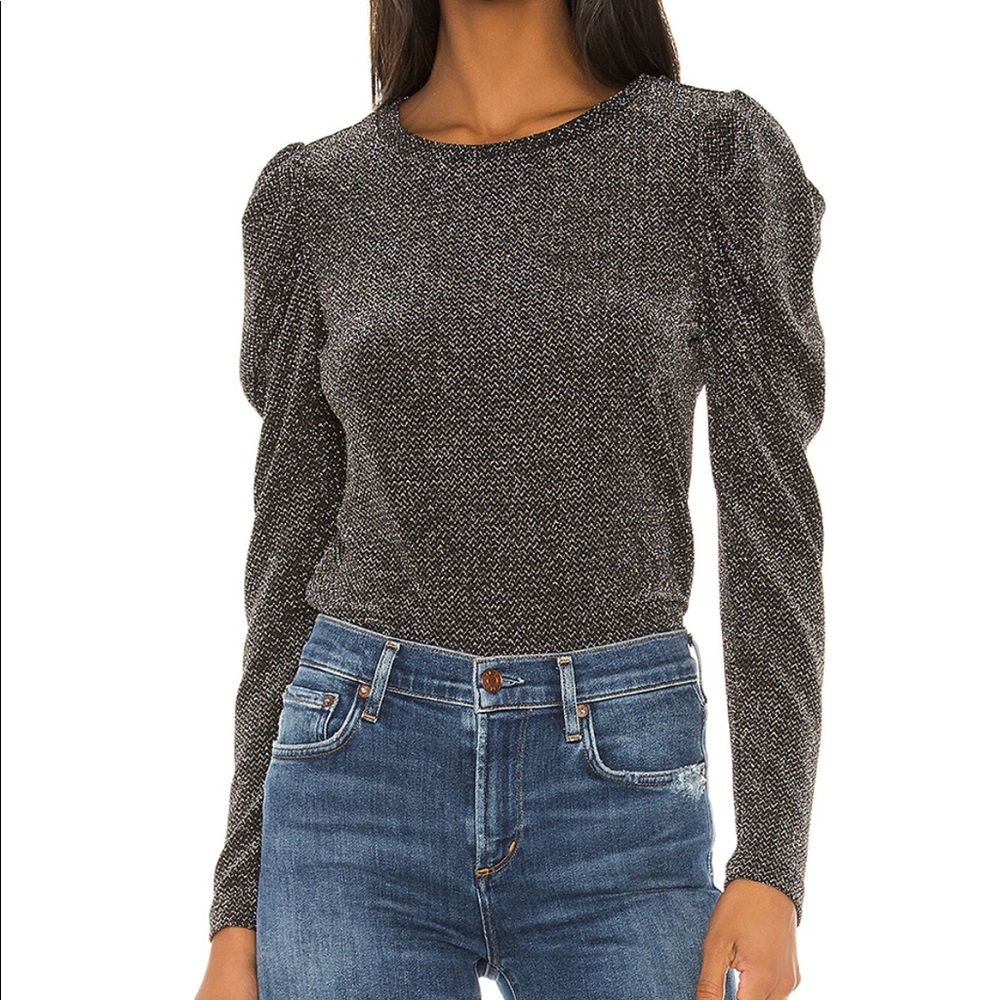BB Dakota Black Metallic Long Sleeve Puff Shoulder Top